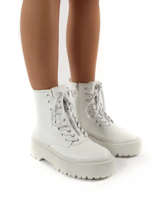 Blake White PU Lace Up Chunky Sole Ankle Boots sold by Public Desire