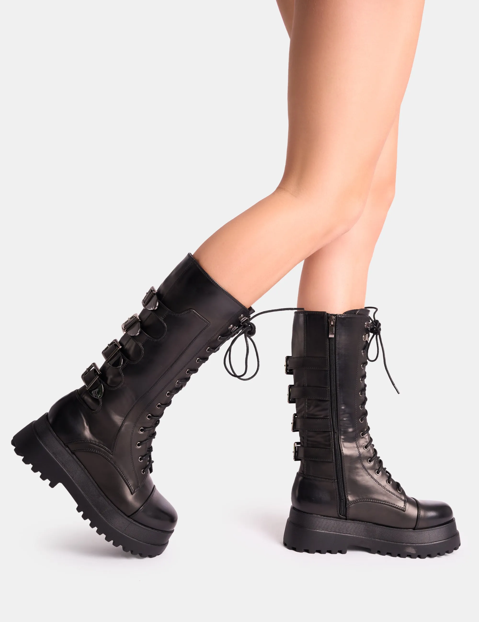 Vex Black Multi Buckle Detail Lace Up Knee High Boots sold by Public Desire product image thumbnail 2