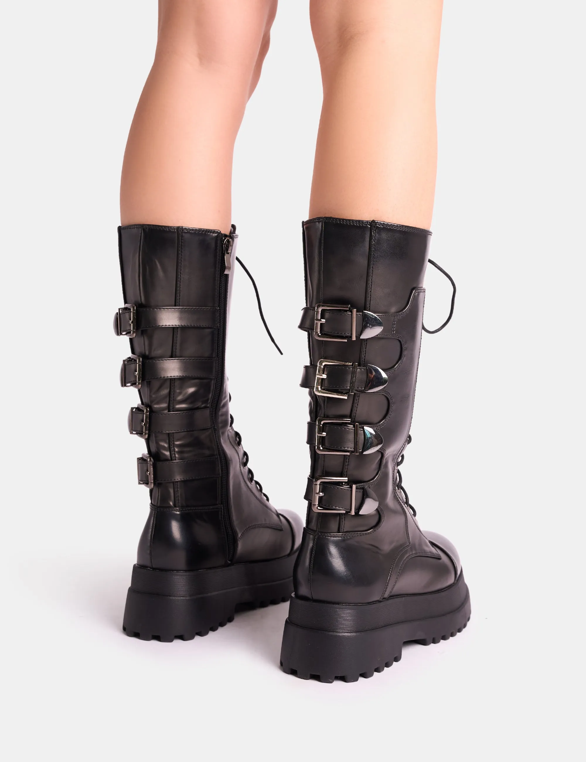 Vex Black Multi Buckle Detail Lace Up Knee High Boots sold by Public Desire product image thumbnail 3