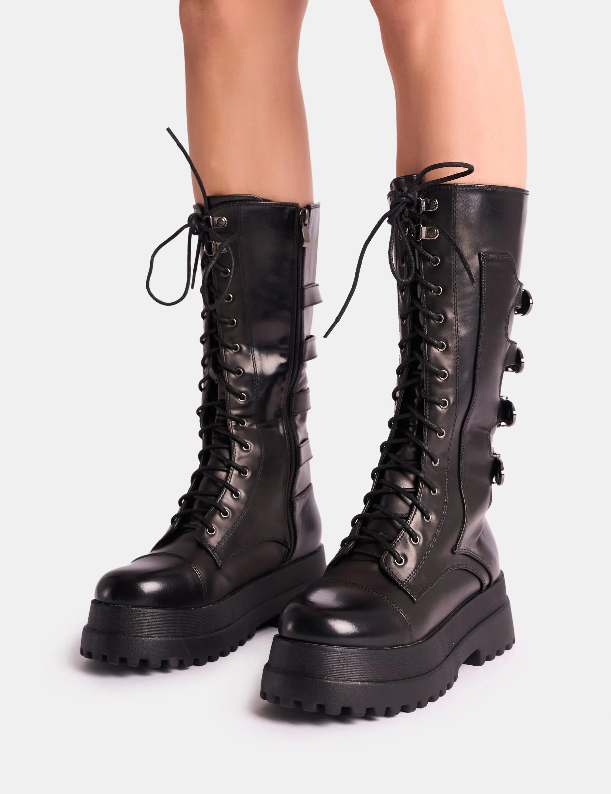 Vex Black Multi Buckle Detail Lace Up Knee High Boots sold by Public Desire product image thumbnail 4