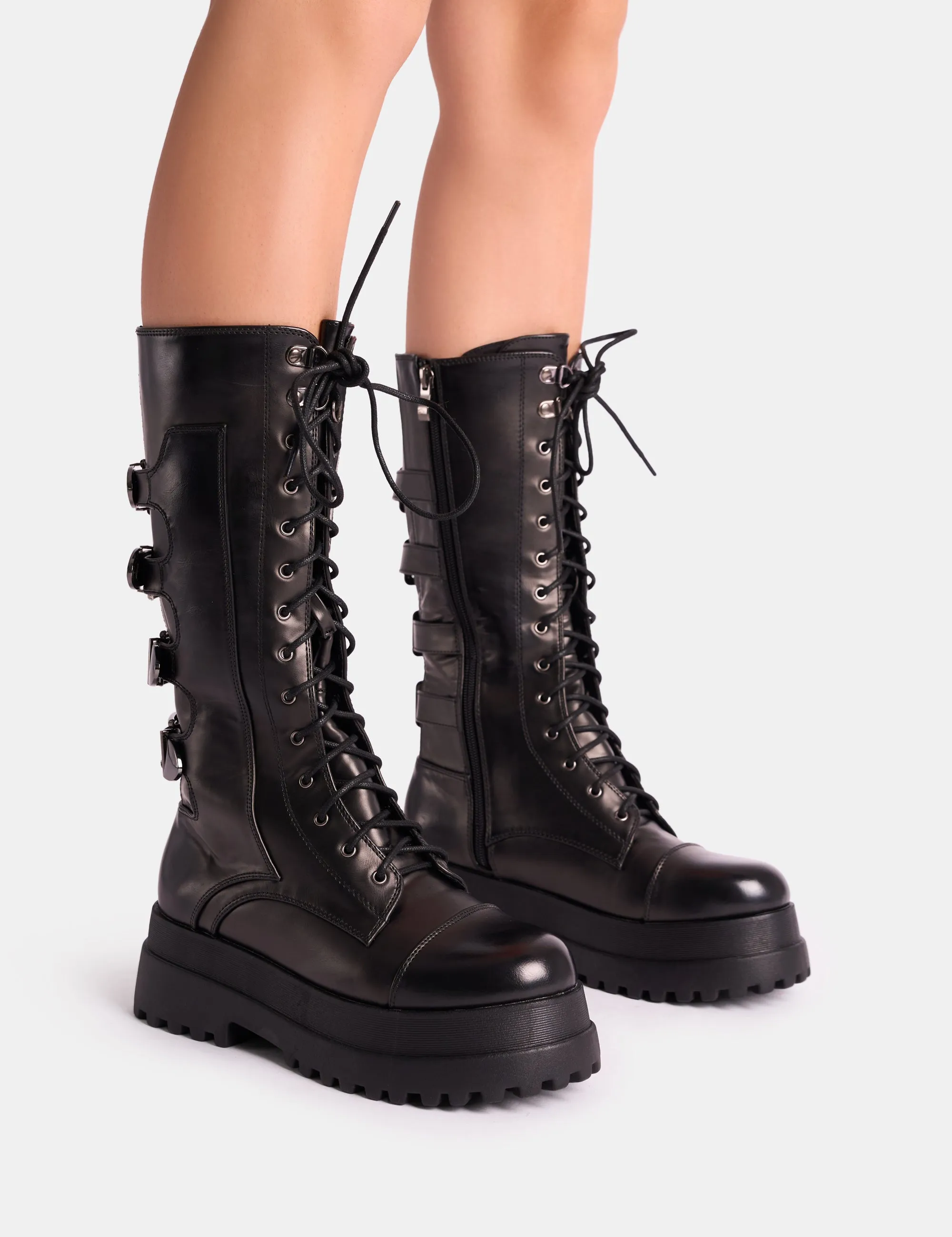 Vex Black Multi Buckle Detail Lace Up Knee High Boots sold by Public Desire