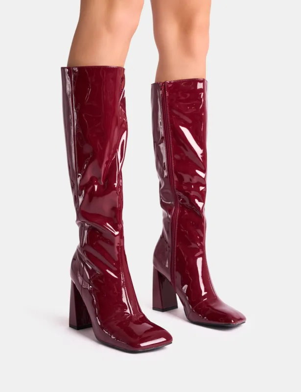 Zoya Burgundy Patent Slant Toe Block Heel Knee High Sock Boots made by Public Desire