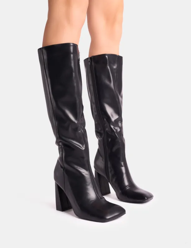 Zoya Black Slanted Toe Block Heel Knee High Sock Boots made by Public Desire