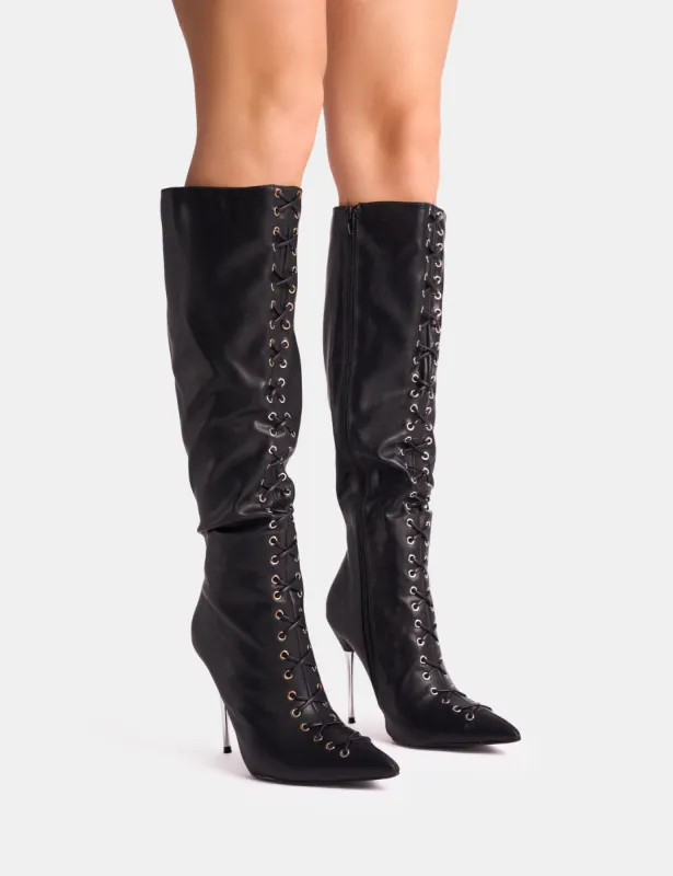 Witchcraft Black Lace Up Knee High Boots sold by Public Desire