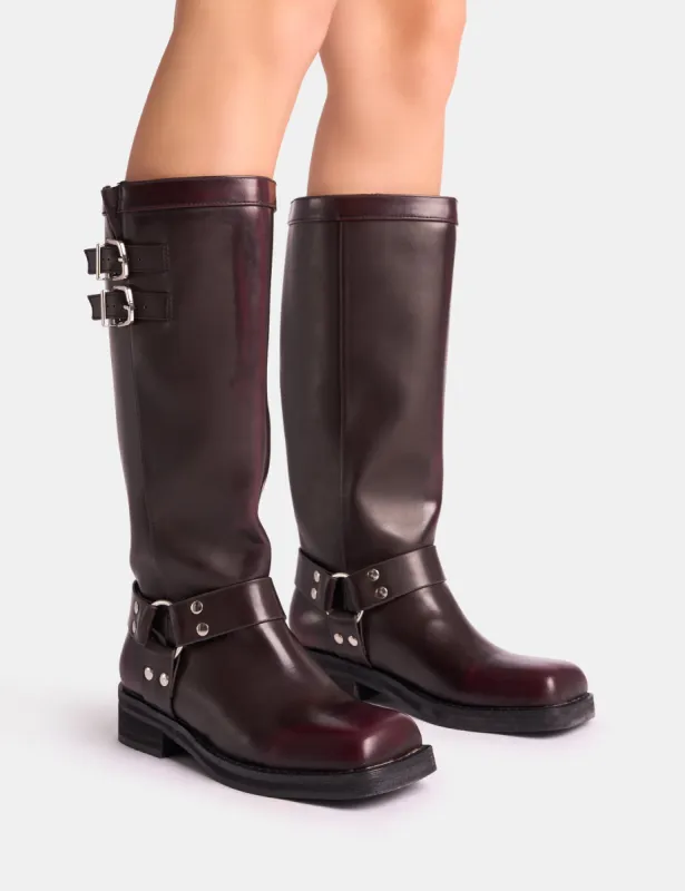 Sirius Burgundy Vintage Buckle Knee Hight Flat Boots sold by Public Desire