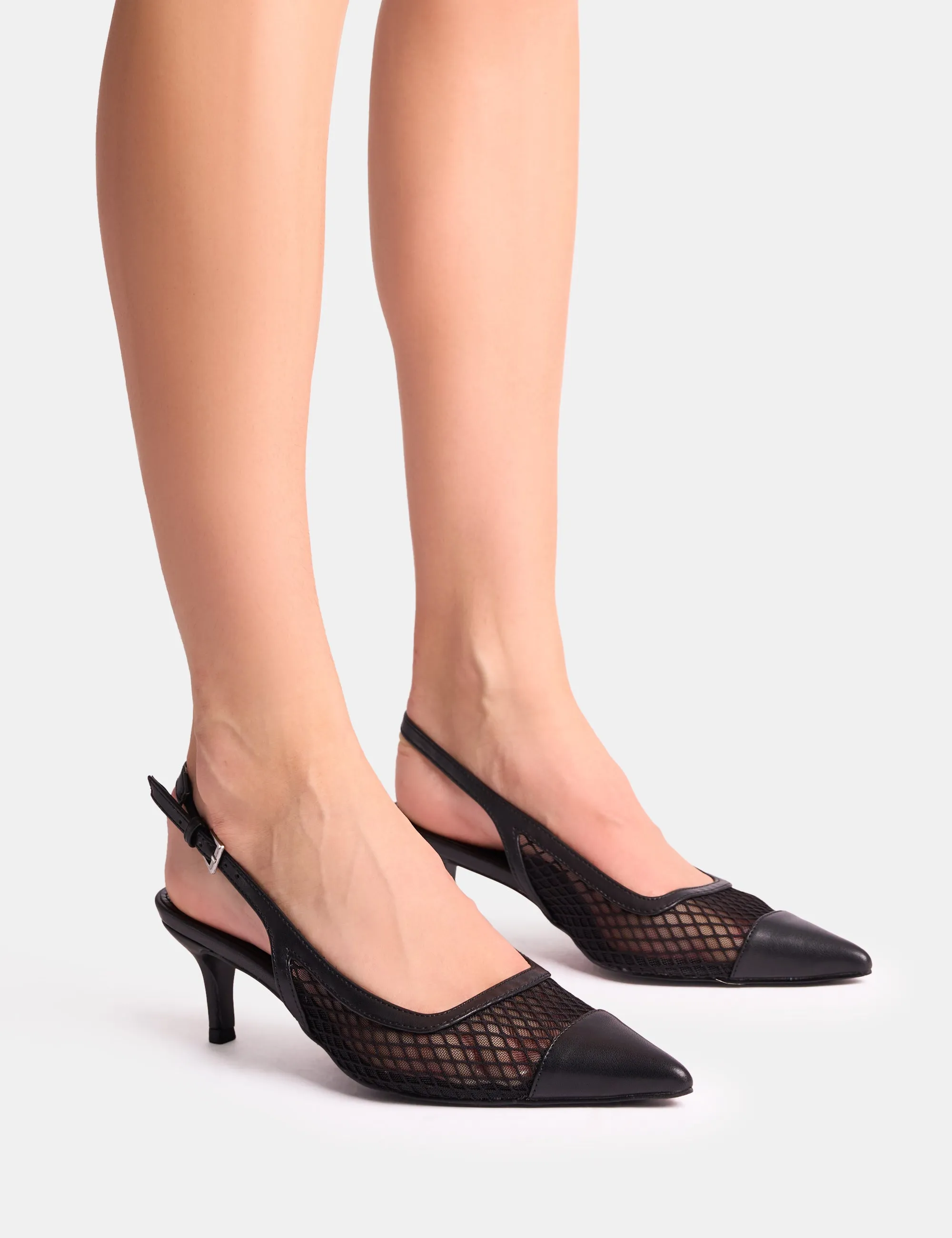 Roue Black Mesh Detail Slingback Mid Court Heels sold by Public Desire