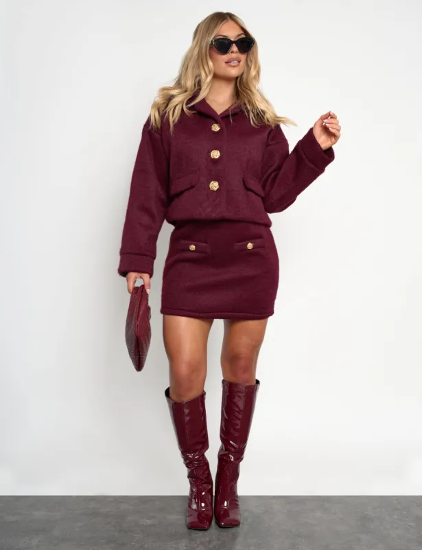 Faux Wool Gold Button Detail Mini Skirt Co Ord Burgundy made by Public Desire