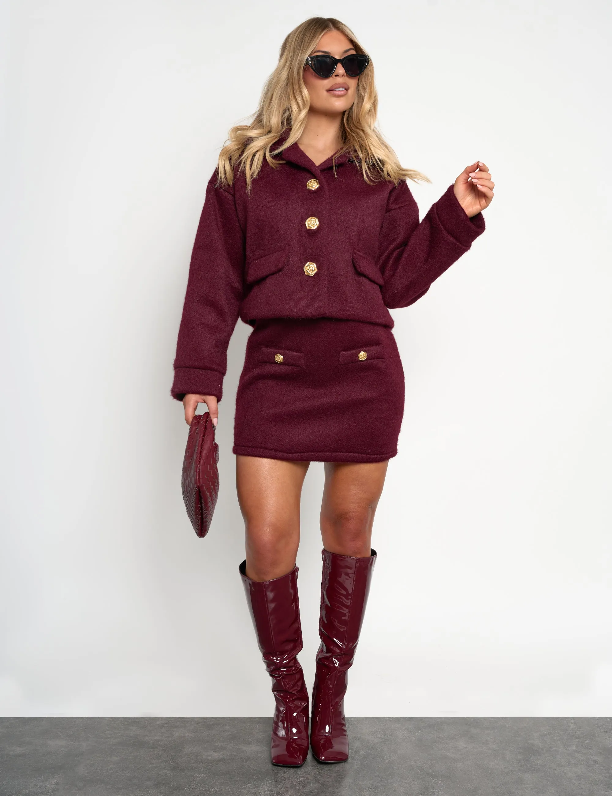 Faux Wool Gold Button Detail Mini Skirt Co Ord Burgundy sold by Public Desire