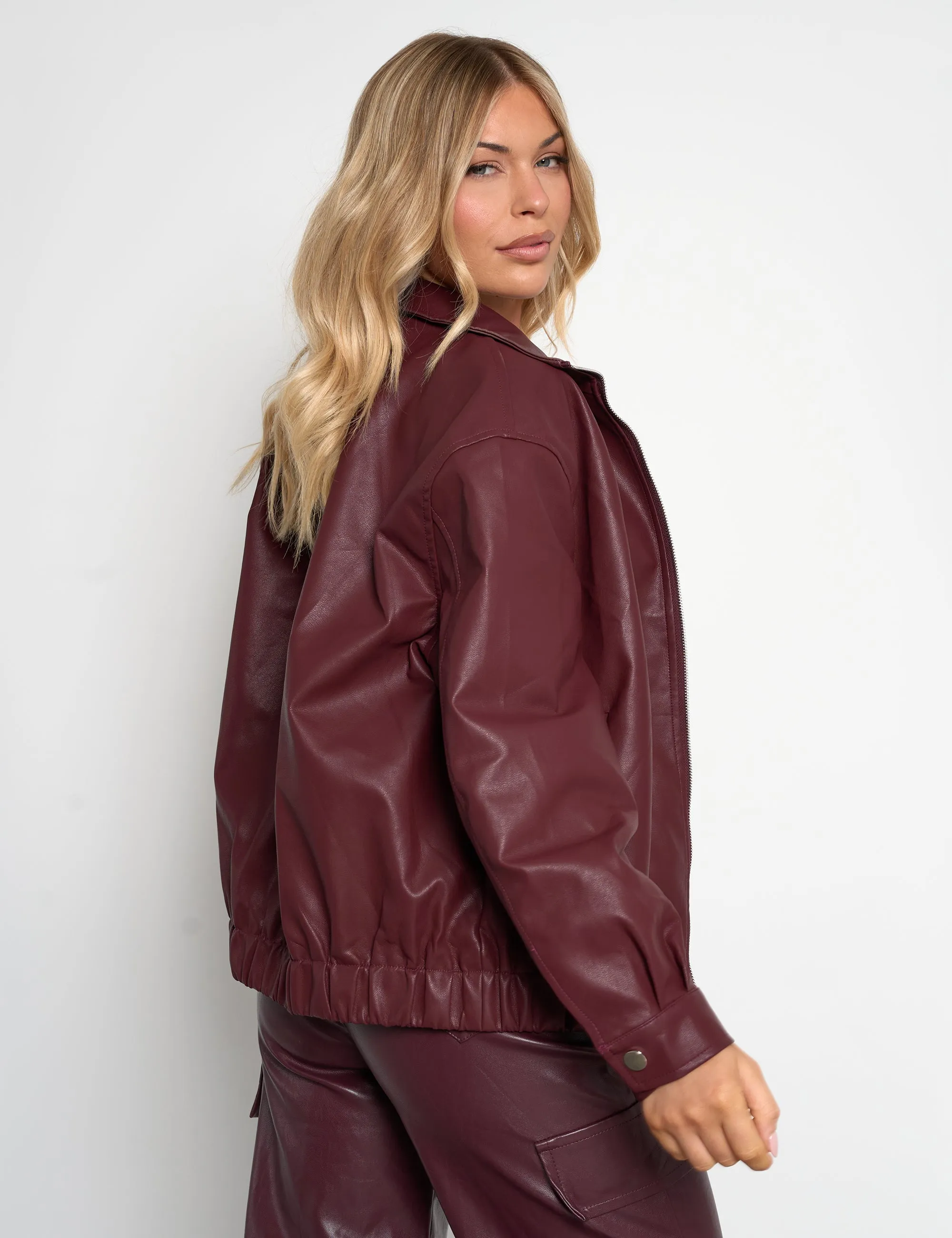 Faux Leather Oversized Bomber Jacket Burgundy sold by Public Desire product image thumbnail 3