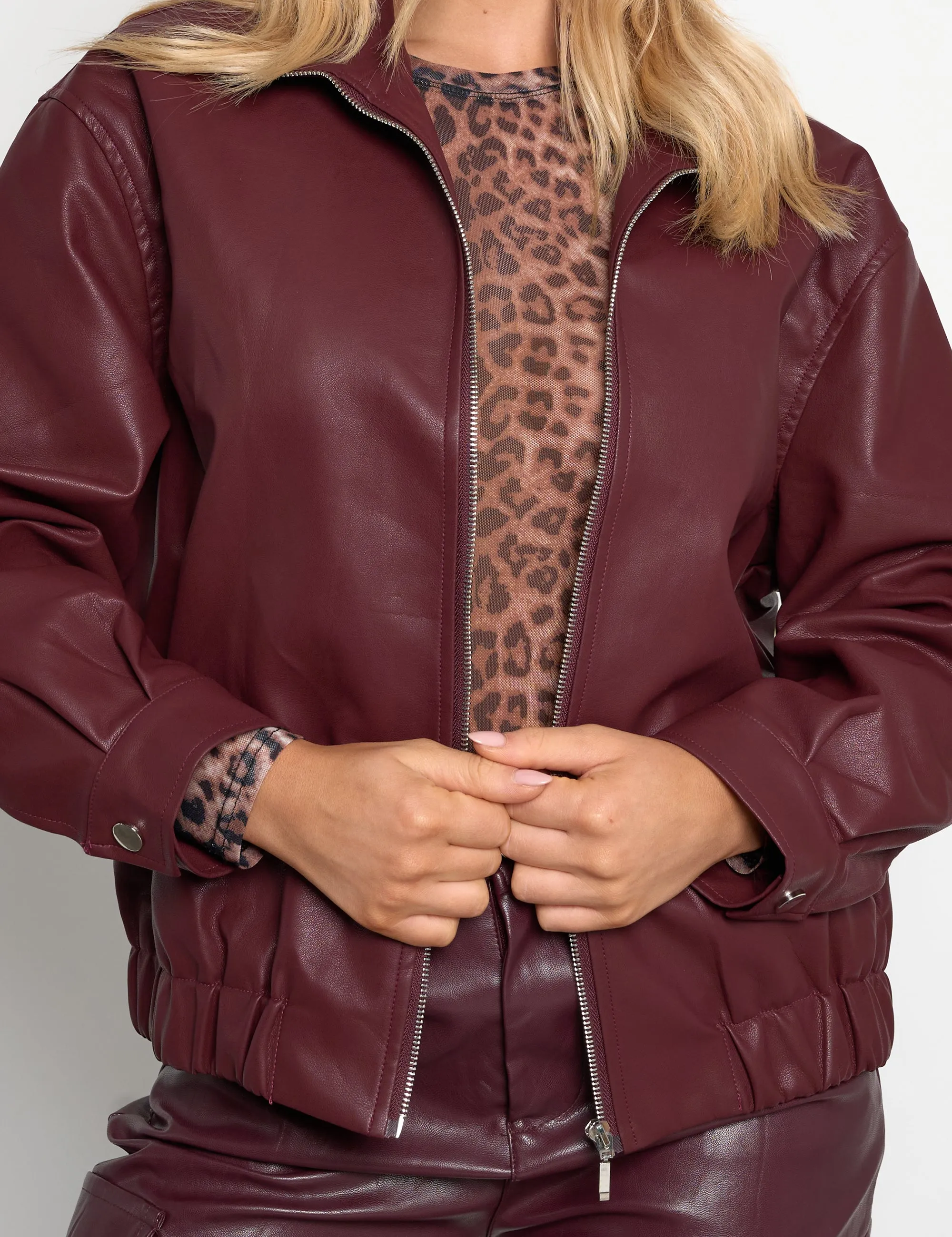 Faux Leather Oversized Bomber Jacket Burgundy sold by Public Desire product image thumbnail 5