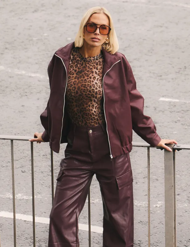 Faux Leather Oversized Bomber Jacket Burgundy sold by Public Desire