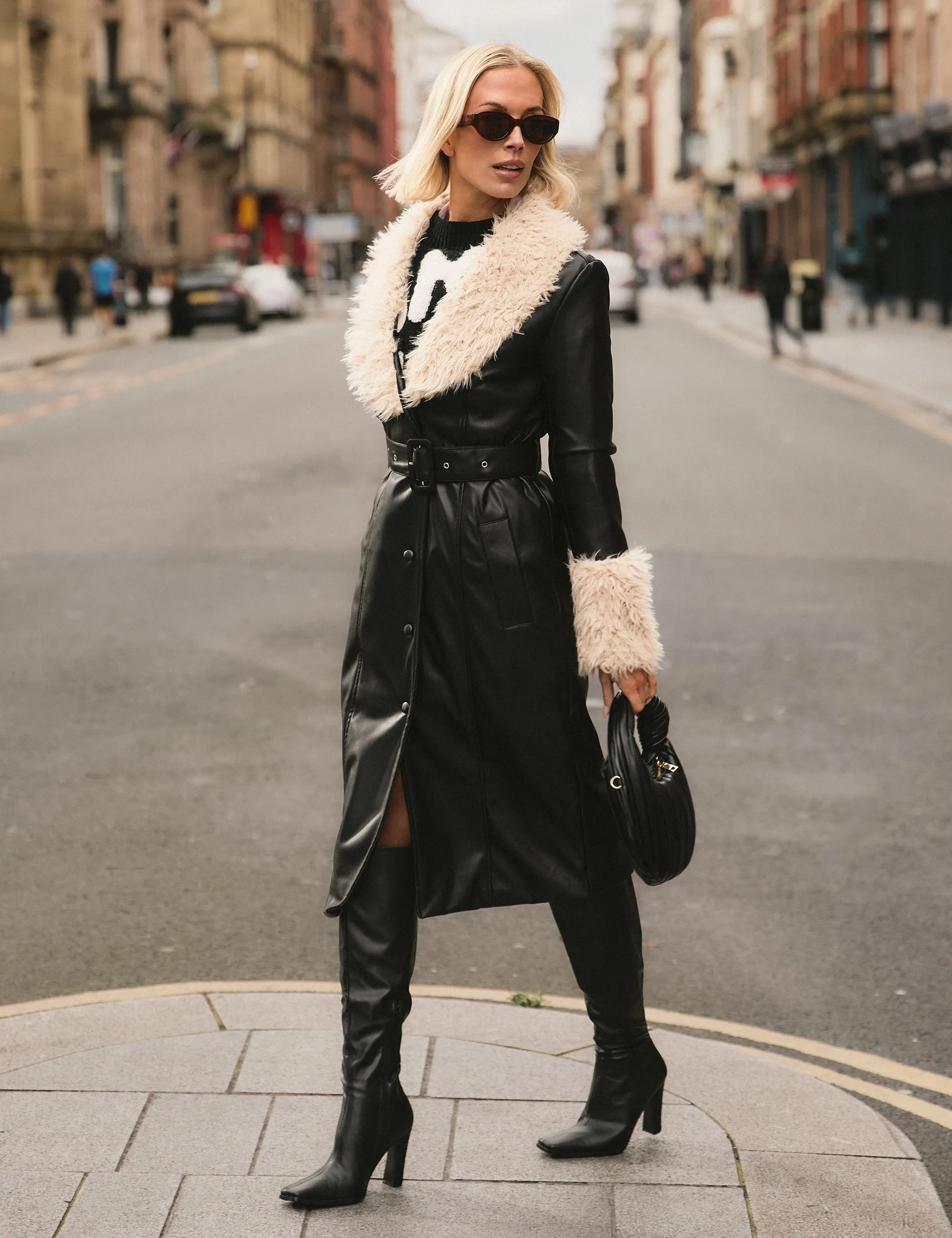 Faux Fur Trim Belted Faux Leather Trench Coat Black sold by Public Desire