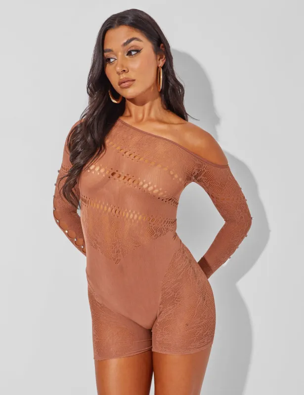 Mesh and Lace Panel Off Shoulder Short Unitard Brown sold by Public Desire