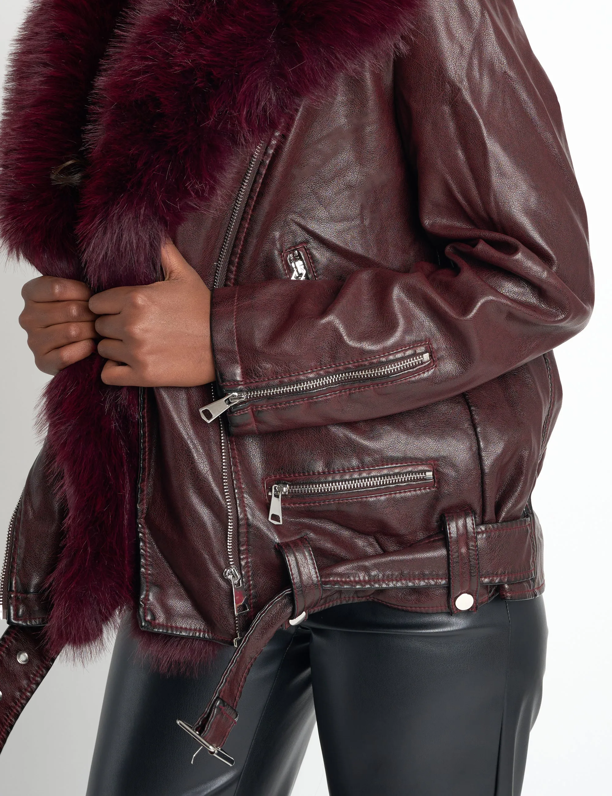 Faux Fur Trim Aviator Jacket Burgundy sold by Public Desire product image thumbnail 4