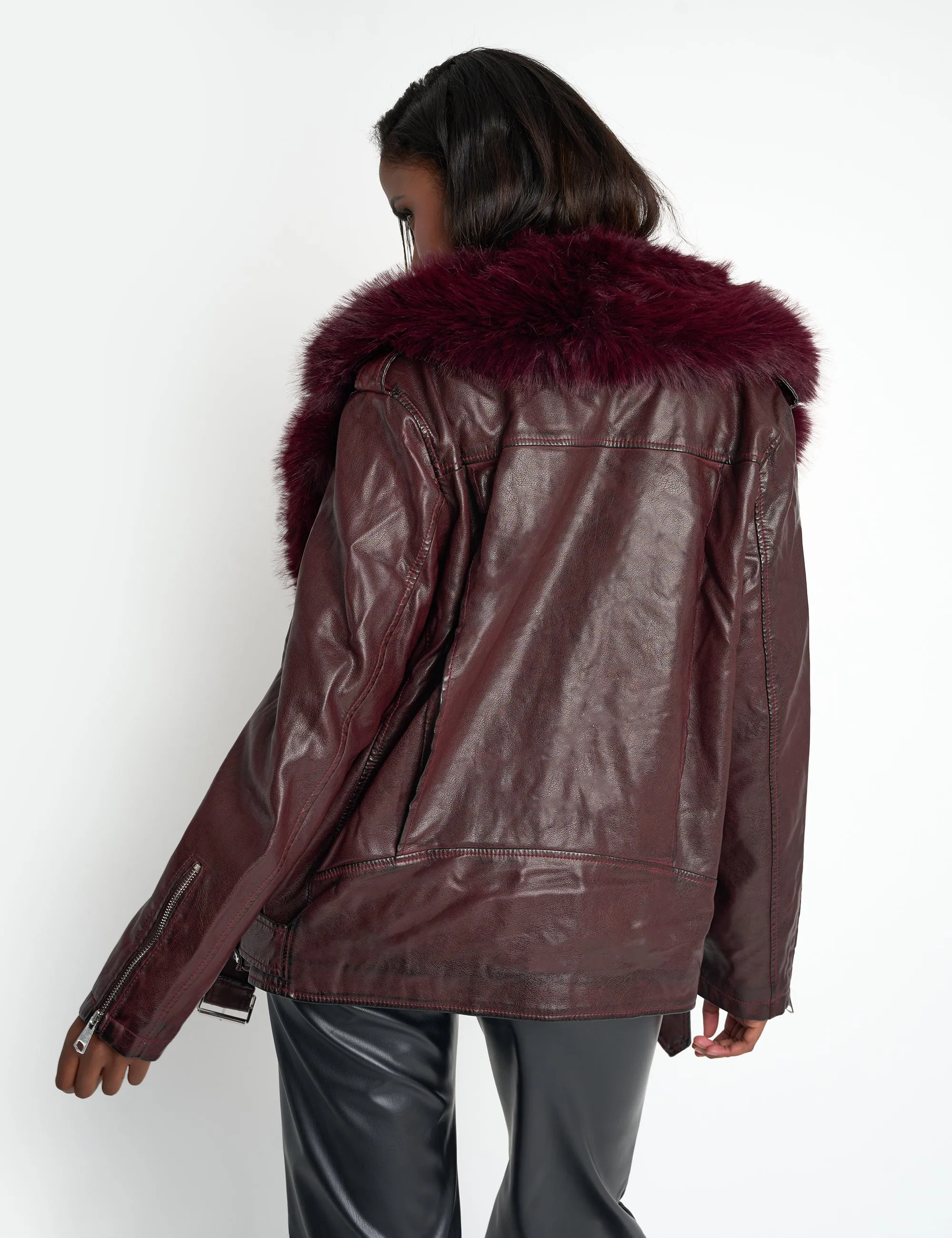 Faux Fur Trim Aviator Jacket Burgundy sold by Public Desire product image thumbnail 2
