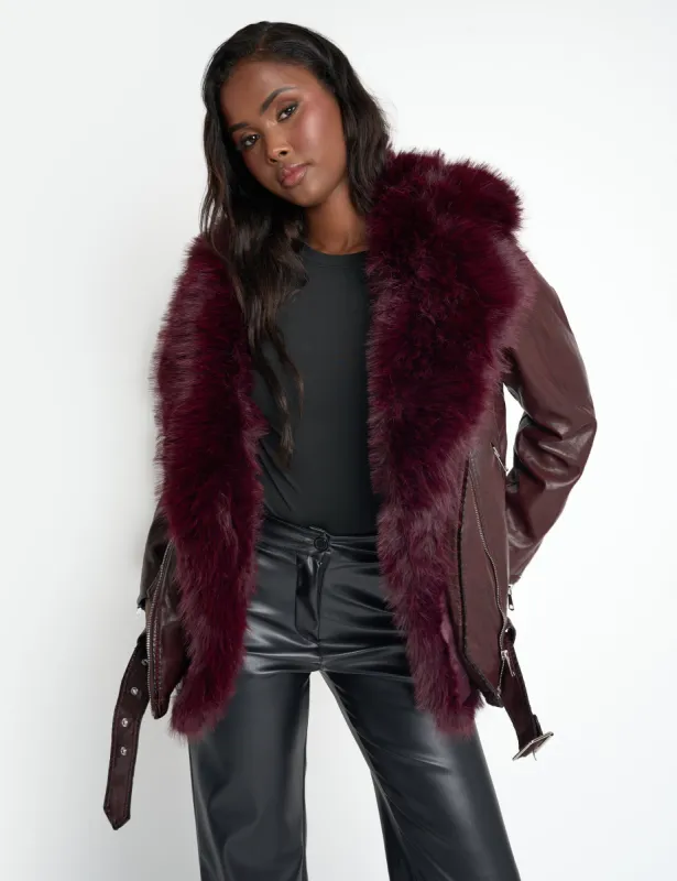 Faux Fur Trim Aviator Jacket Burgundy sold by Public Desire
