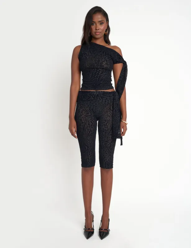 Knot Detail Tie Side Leopard Devore Capri Pants Black sold by Public Desire