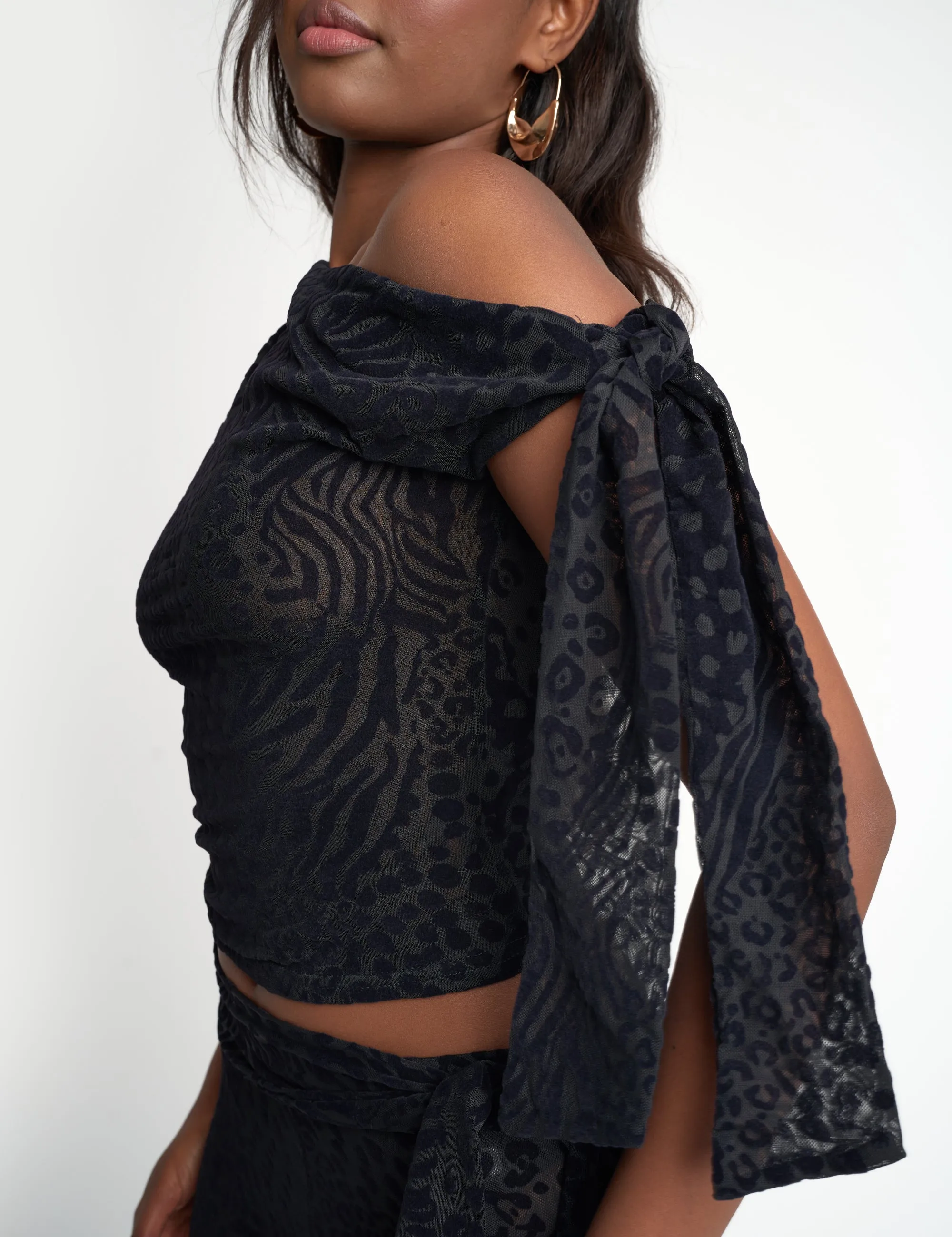 Knot Detail Asymmetric One Shoulder Leopard Devore Top Black sold by Public Desire product image thumbnail 4