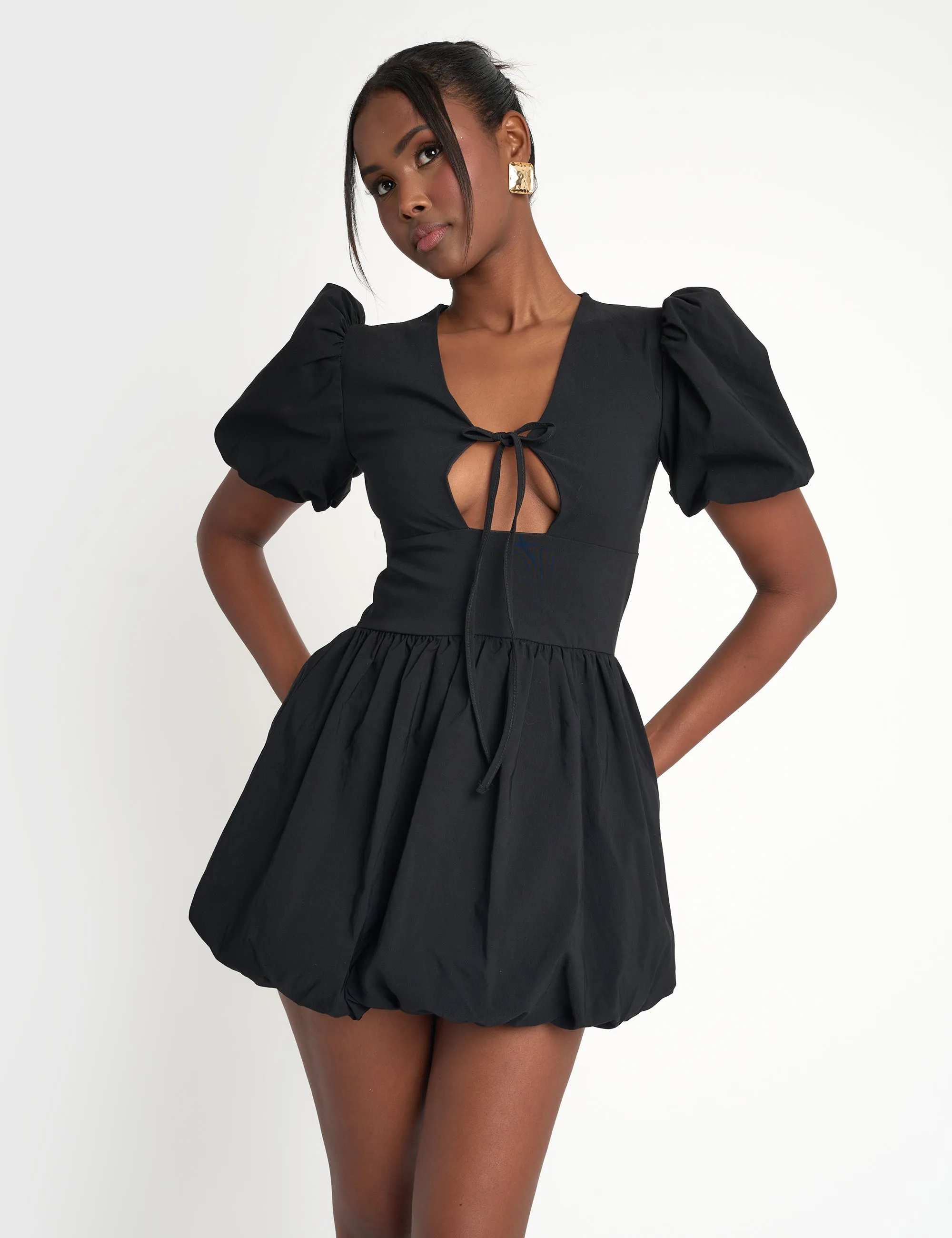 Cut Out Puff Sleeve Bubble Hem Mini Dress Black sold by Public Desire