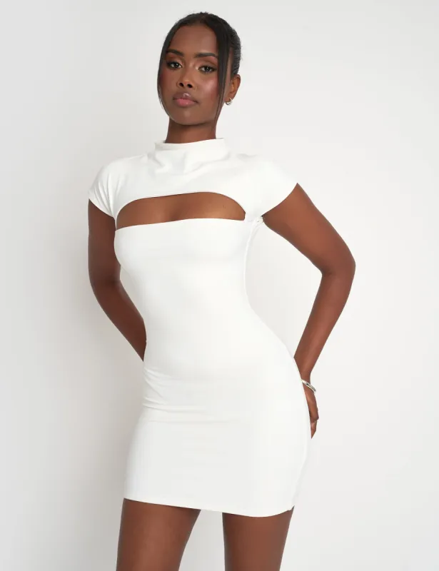 Cut Out Short Sleeve Luxe Slinky Mini Dress White sold by Public Desire