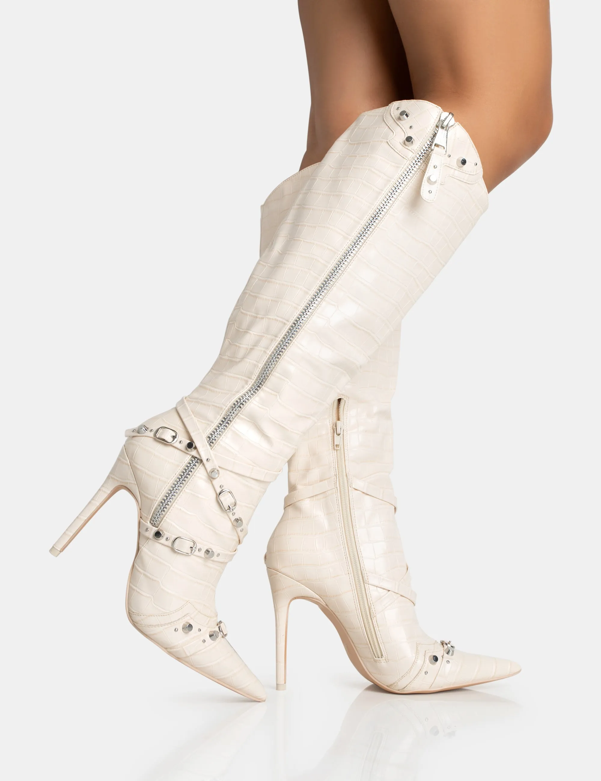 Worthy Ecru Croc Studded Zip Detail Pointed Stiletto Knee High Boots sold by Public Desire product image thumbnail 2