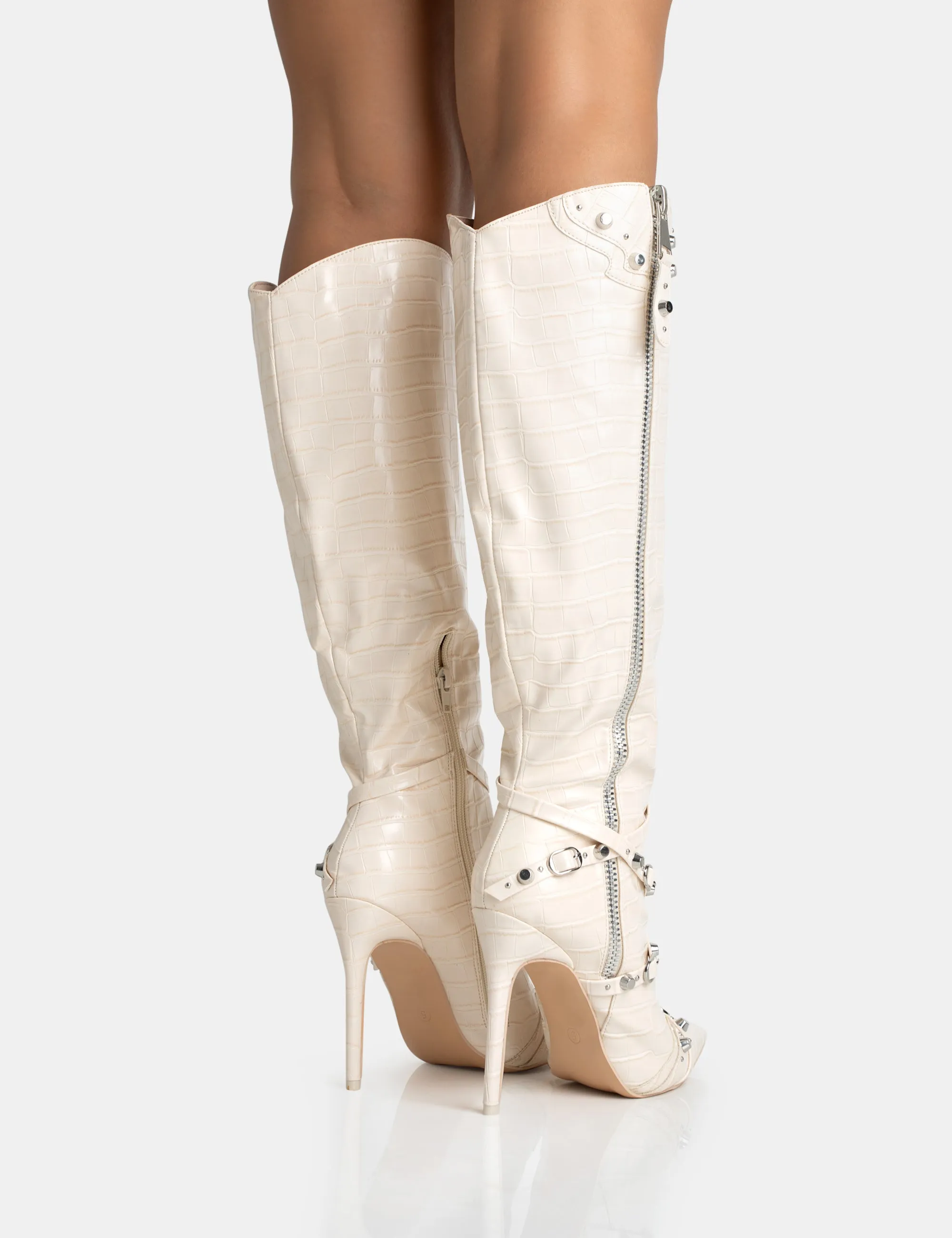Worthy Ecru Croc Studded Zip Detail Pointed Stiletto Knee High Boots sold by Public Desire product image thumbnail 4