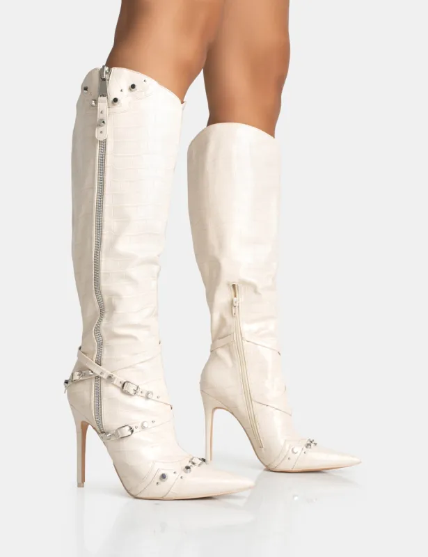 Worthy Ecru Croc Studded Zip Detail Pointed Stiletto Knee High Boots sold by Public Desire