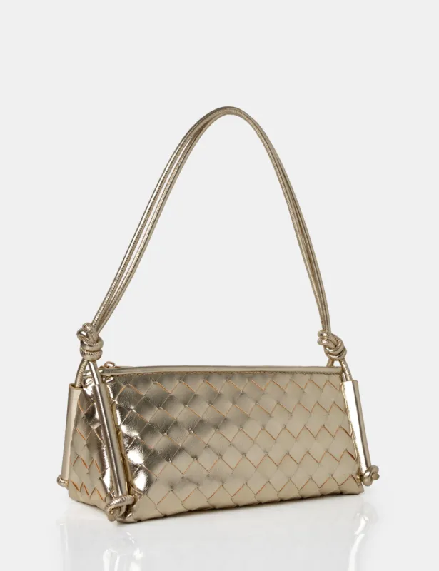 The Tate Gold Woven Oblong Knotted Handle Shoulder Bag sold by Public Desire