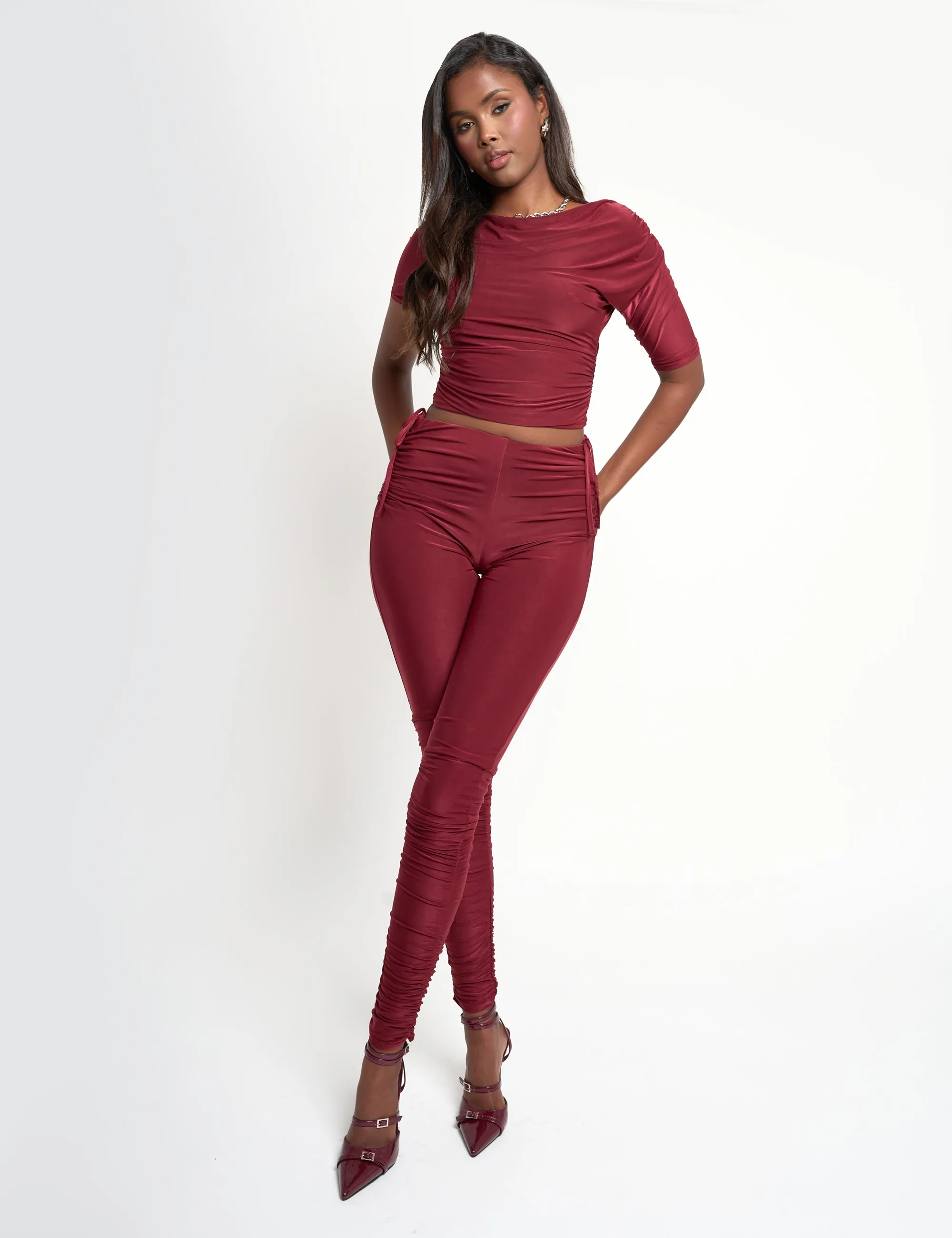 Slinky Ruched Trouser Co Ord Burgundy sold by Public Desire product image thumbnail 2