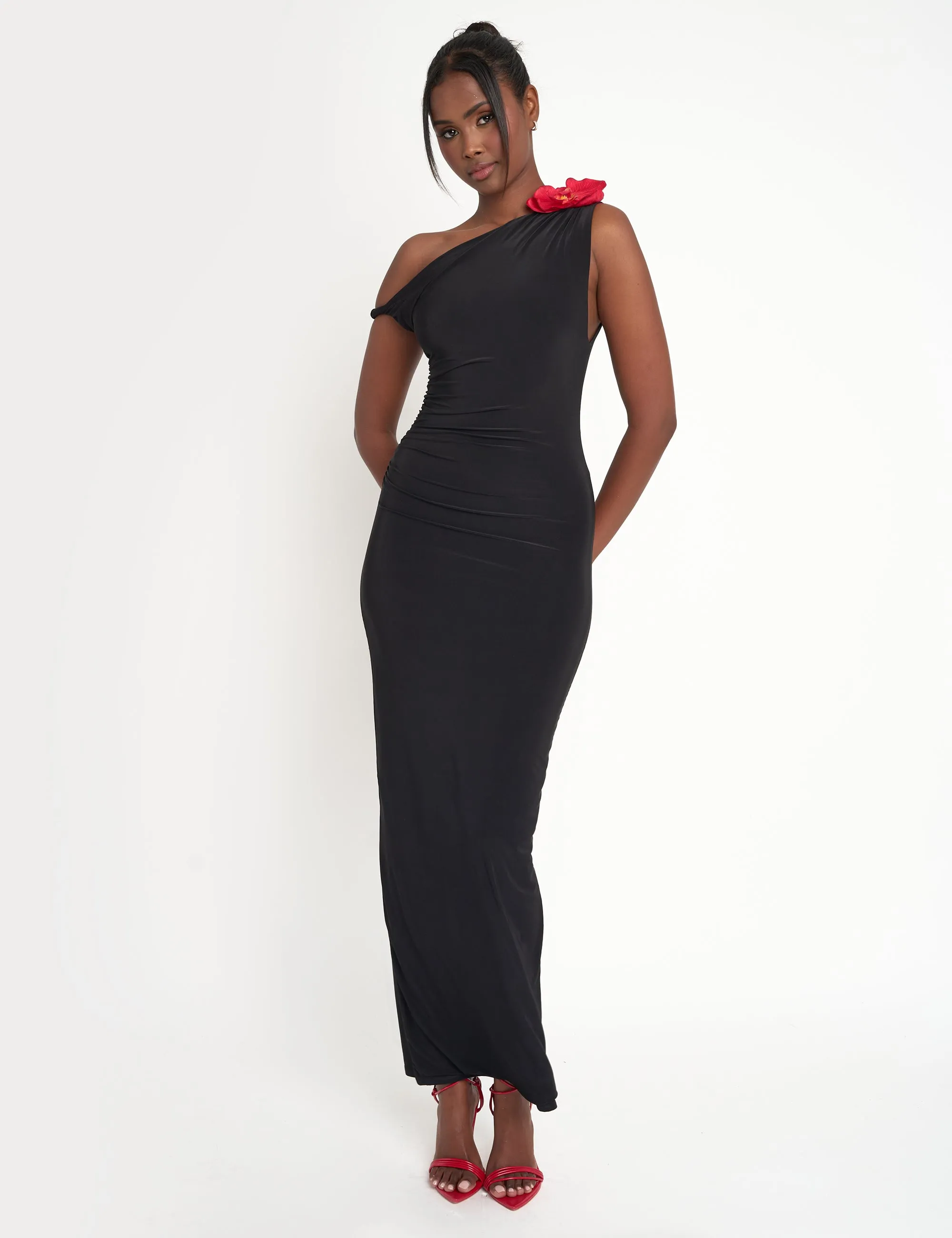 Flower Trim Dropped Shoulder Luxe Slinky Maxi Dress Black sold by Public Desire