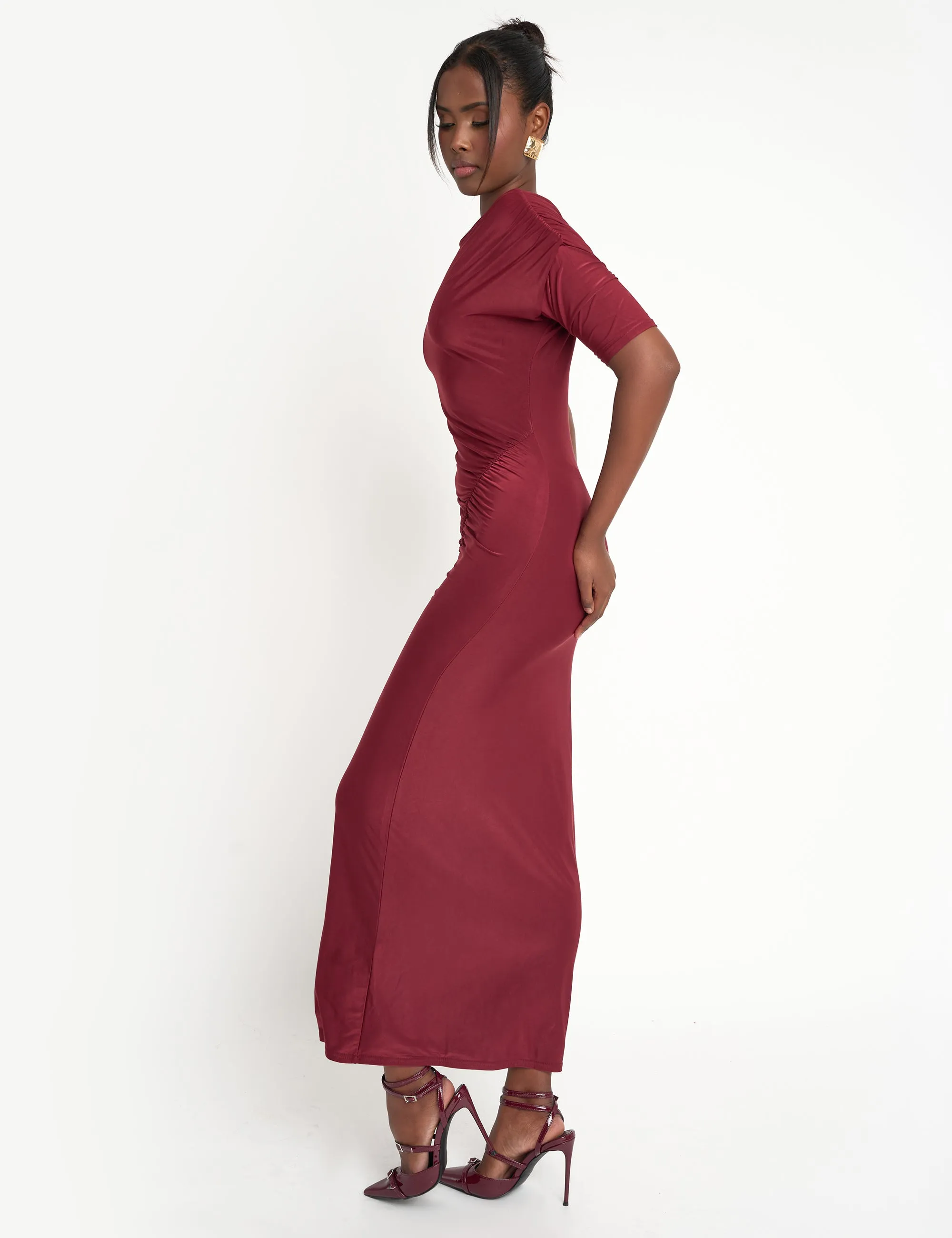 Slinky Ruched Detail Maxi Dress Burgundy sold by Public Desire product image thumbnail 2