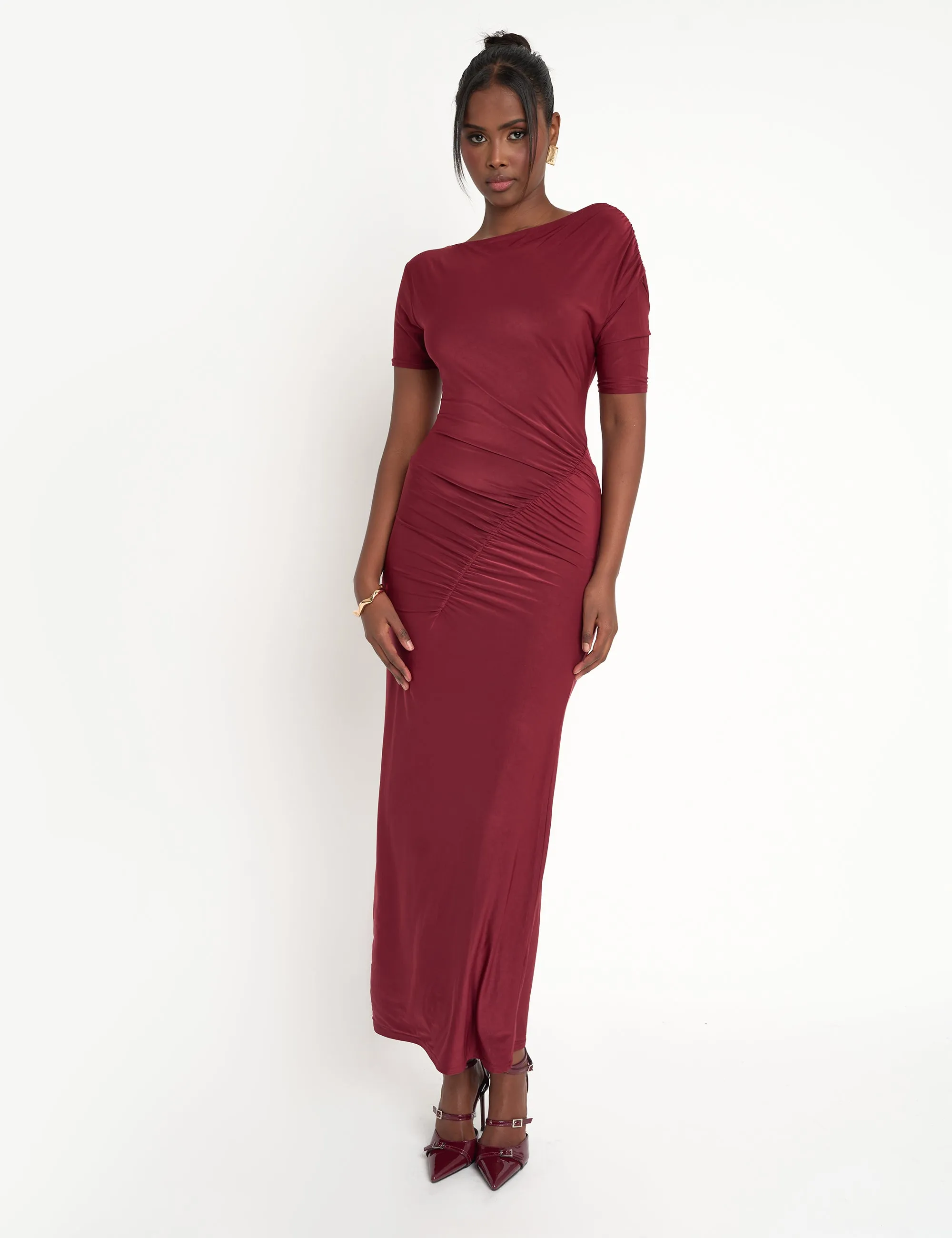 Slinky Ruched Detail Maxi Dress Burgundy sold by Public Desire