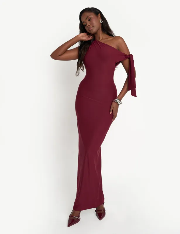 Luxe Slinky Tie Detail Maxi Dress Burgundy sold by Public Desire
