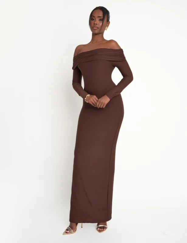 Slinky Bardot Maxi Dress Brown made by Public Desire
