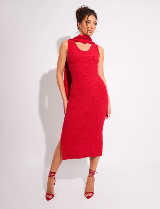 Kaiia Boucle Knitted Sleeveless Jumper Dress With Scarf Red sold by Public Desire