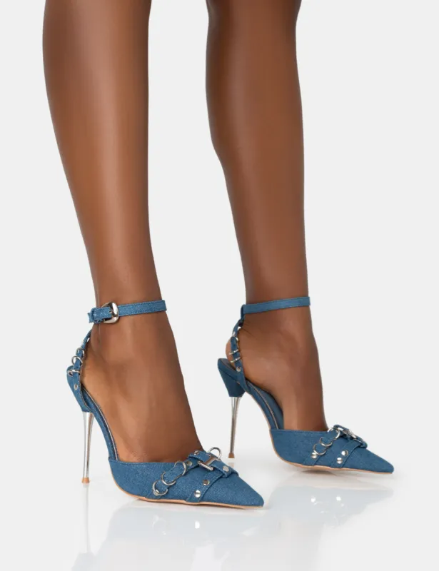 Prowl Blue Denim Strappy Metal Detailed Slingback Court Stiletto Heels sold by Public Desire