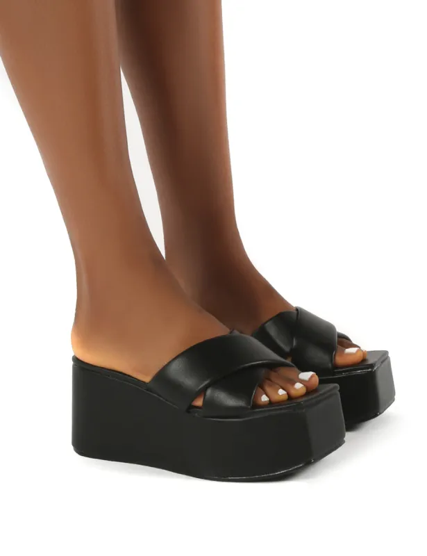 Elevate Black PU Flatform Sole Cross Strap Sandals sold by Public Desire