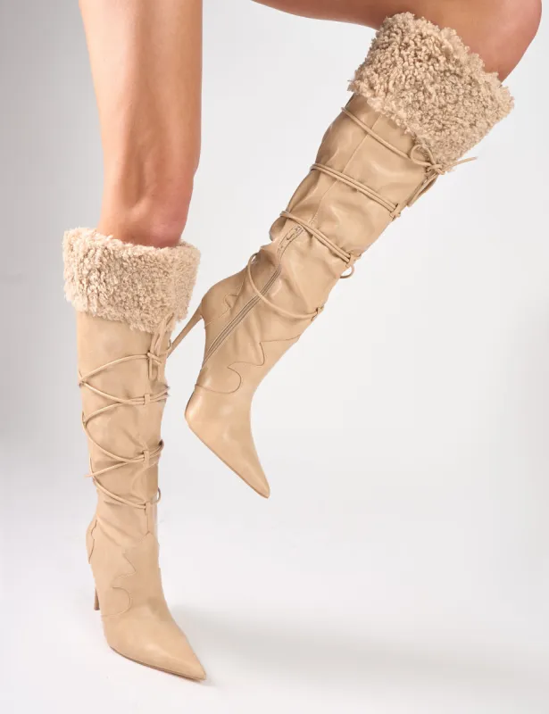Crusader Cream Fur Trim Western Inspired Pointed Toe Boots made by Public Desire