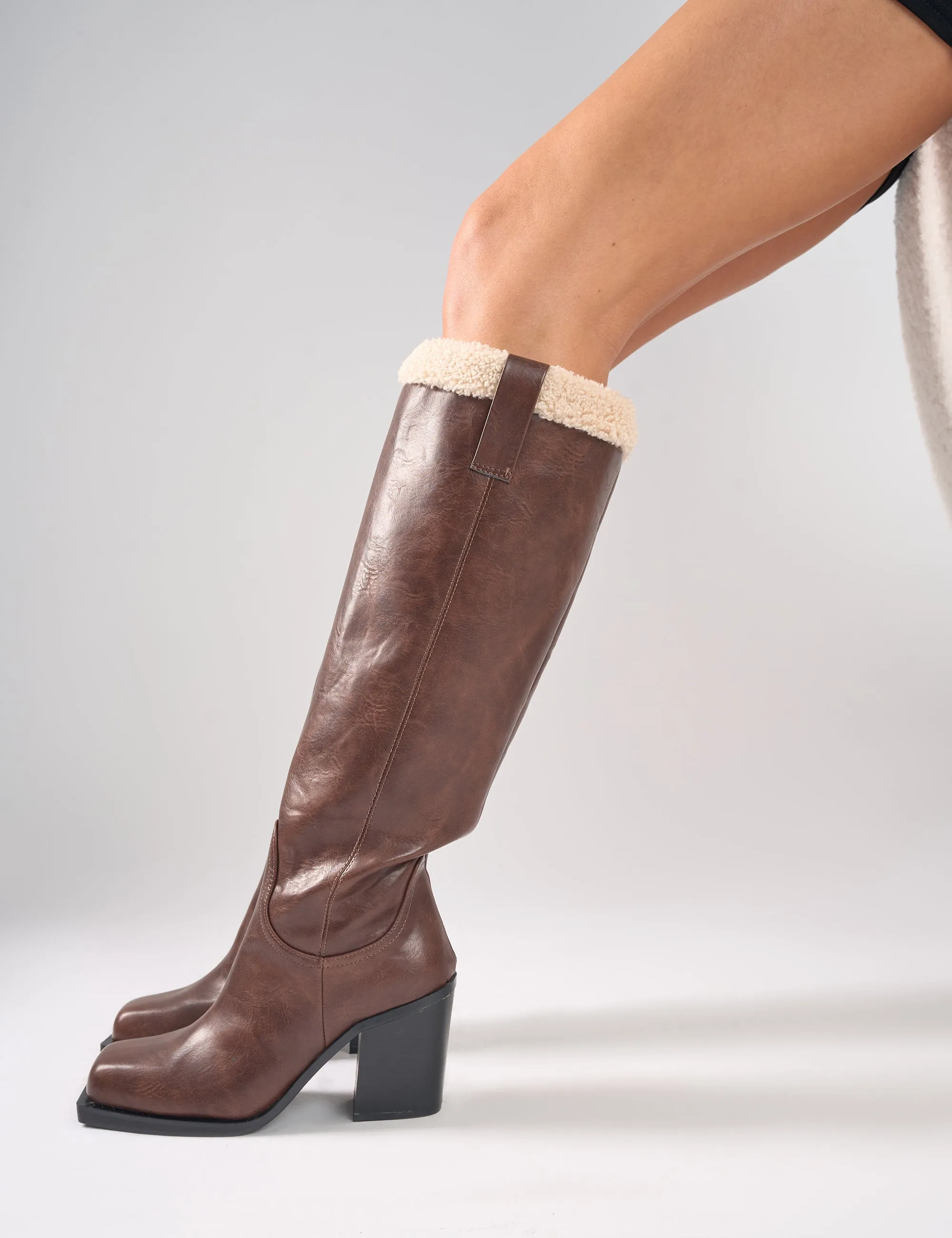 Colden Vintage Brown Fur Trim Block Heel Knee High Boots sold by Public Desire product image thumbnail 2