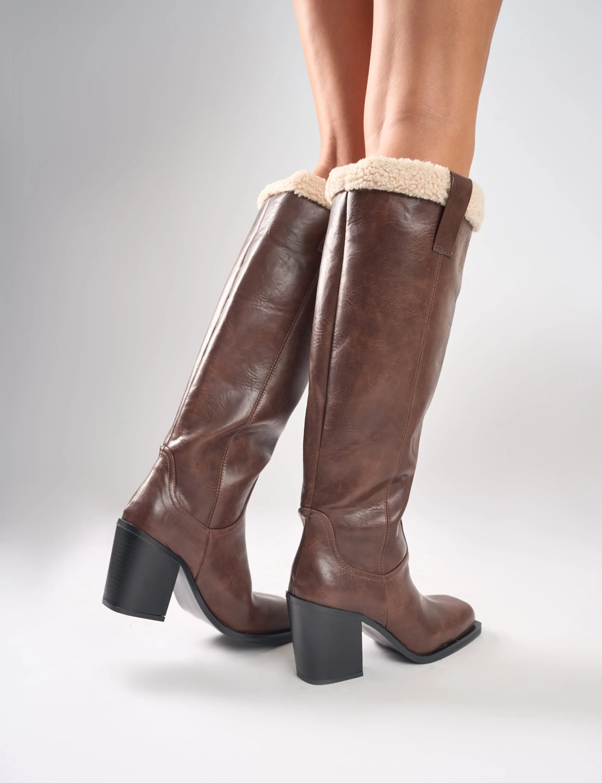 Colden Vintage Brown Fur Trim Block Heel Knee High Boots sold by Public Desire product image thumbnail 4
