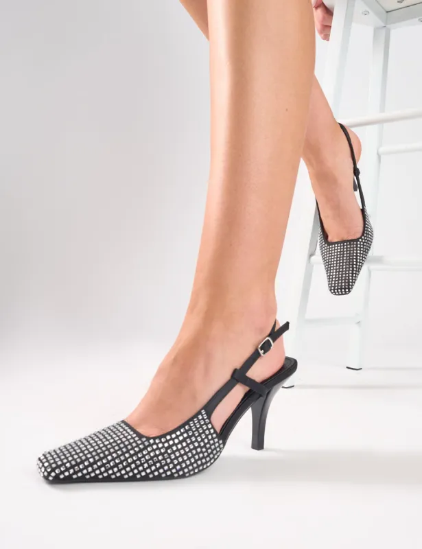 Gloria Black Embellished Sling Back Court Heels sold by Public Desire