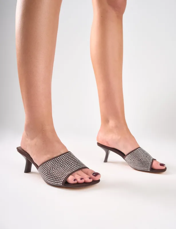 Posh Brown All Over Embellished Microfibre Mid Heel Mules sold by Public Desire