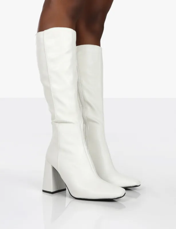 Apology White Pu Knee High Block Heel Boots sold by Public Desire