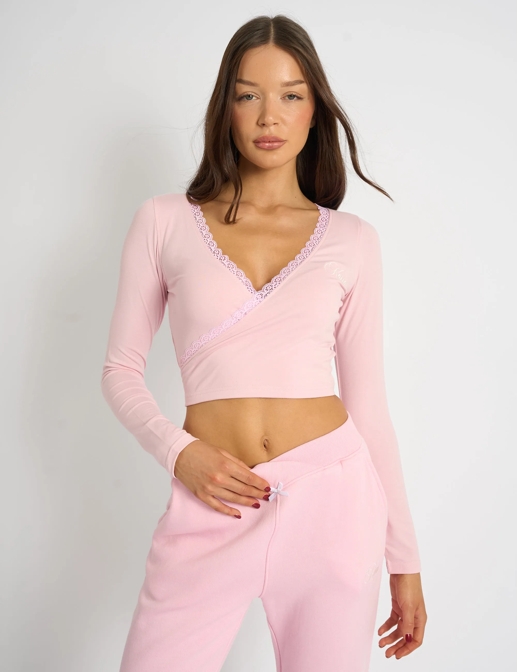 Kaiia Lace Trim Wrap Long Sleeve Top Pink sold by Public Desire