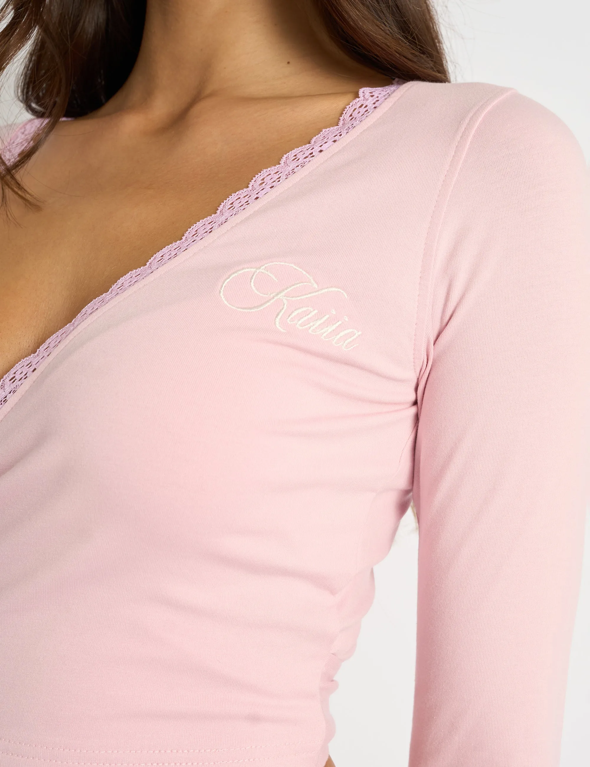 Kaiia Lace Trim Wrap Long Sleeve Top Pink sold by Public Desire product image thumbnail 4