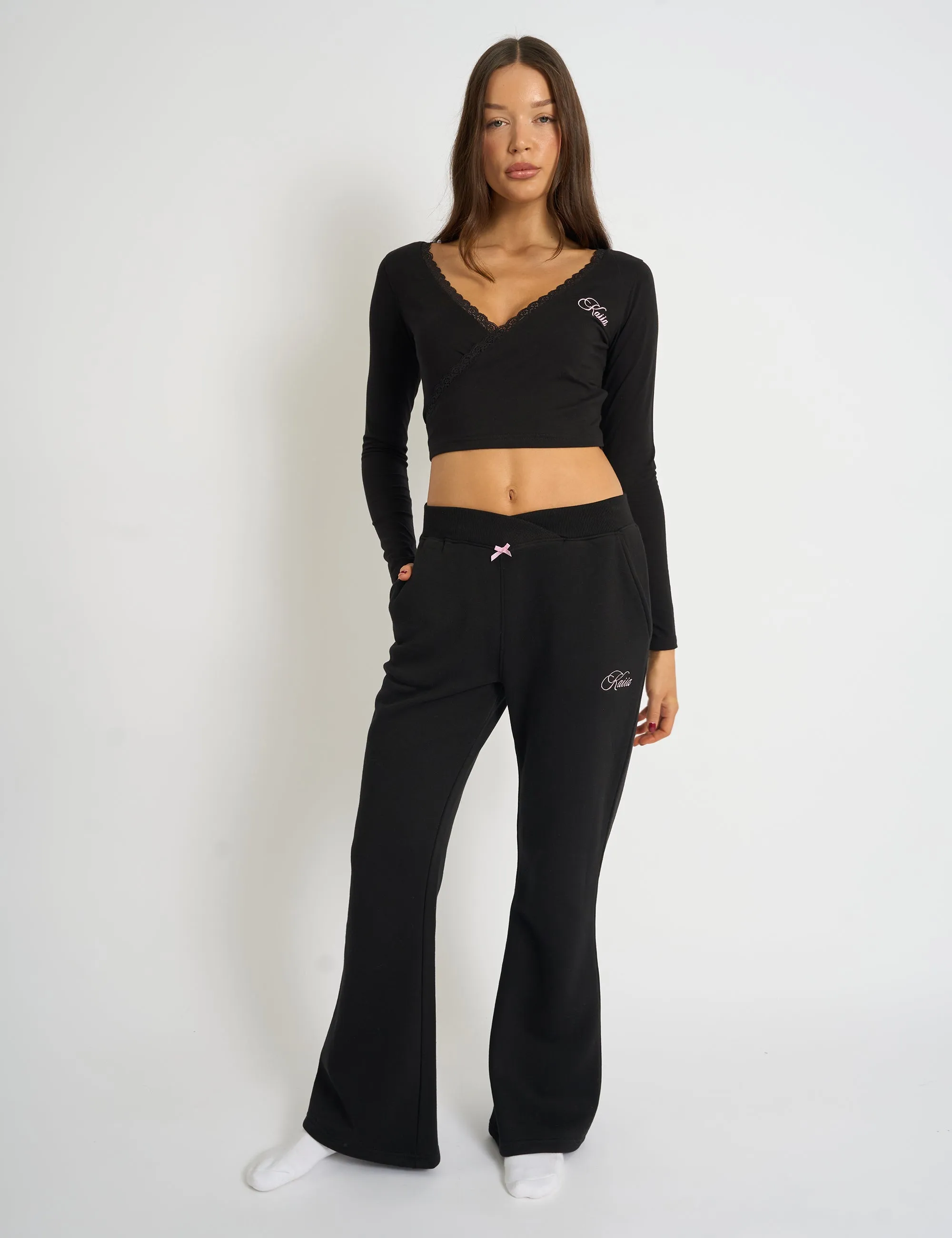 Kaiia Bow Detail Wide Leg Joggers Black & Pink sold by Public Desire product image thumbnail 2