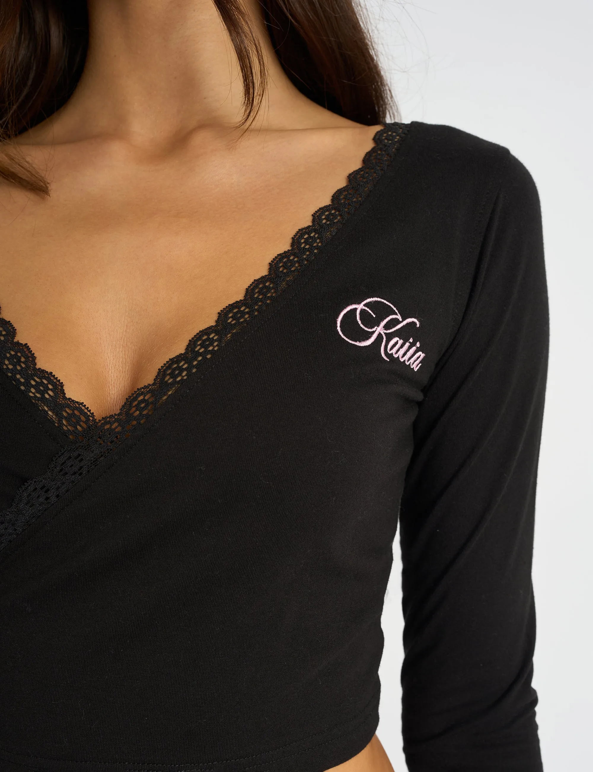 Kaiia Lace Trim Wrap Long Sleeve Top Black sold by Public Desire product image thumbnail 4