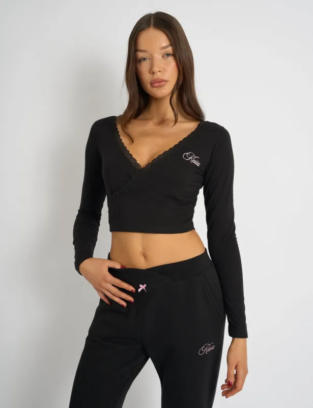 Kaiia Lace Trim Wrap Long Sleeve Top Black sold by Public Desire
