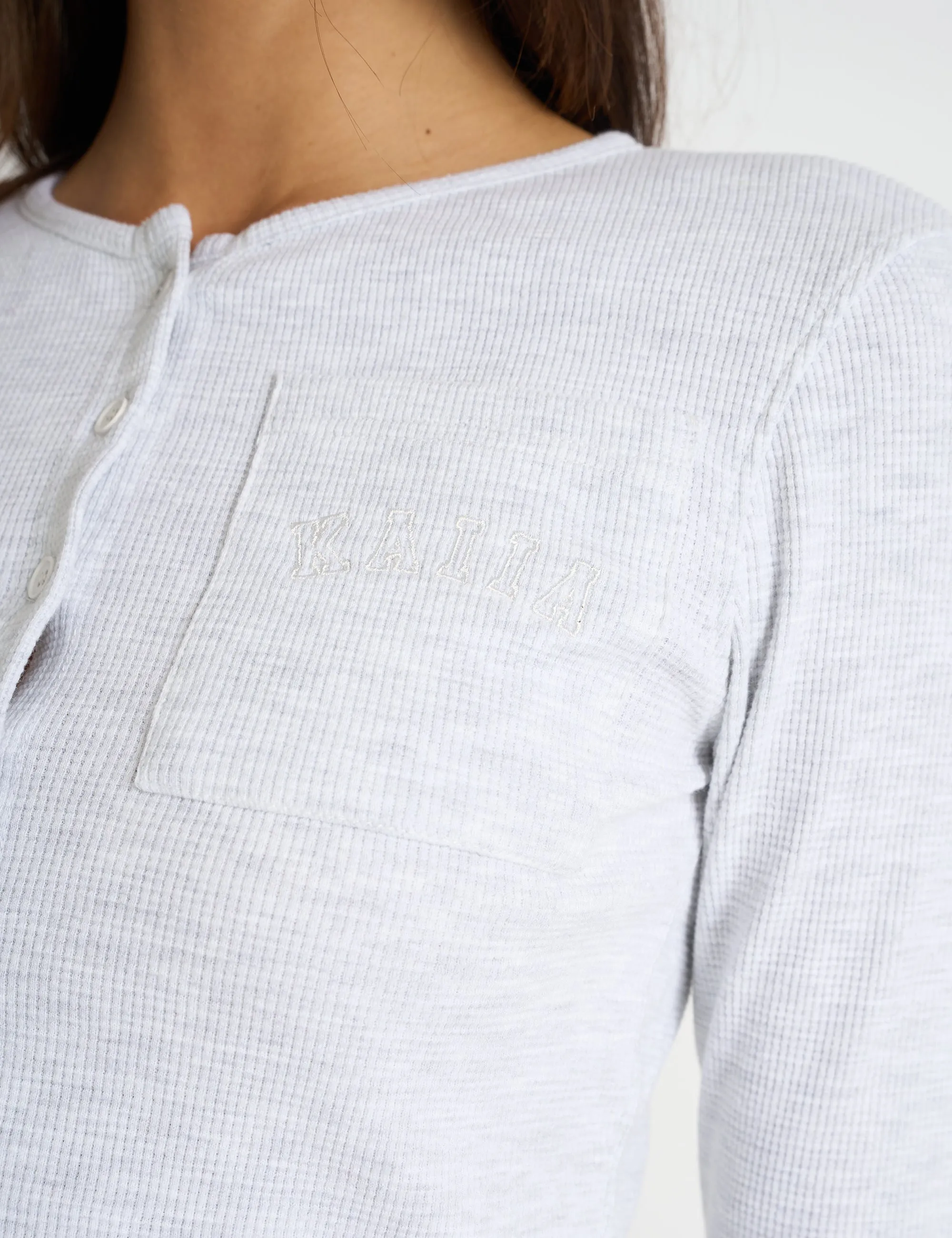 Kaiia Waffle Button Up Long Sleeve Top Grey Melange sold by Public Desire product image thumbnail 3