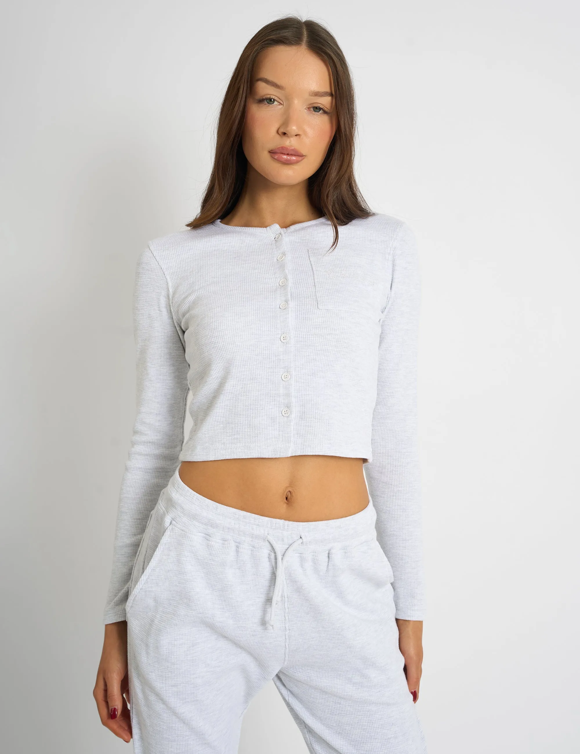 Kaiia Waffle Button Up Long Sleeve Top Grey Melange sold by Public Desire product image thumbnail 2